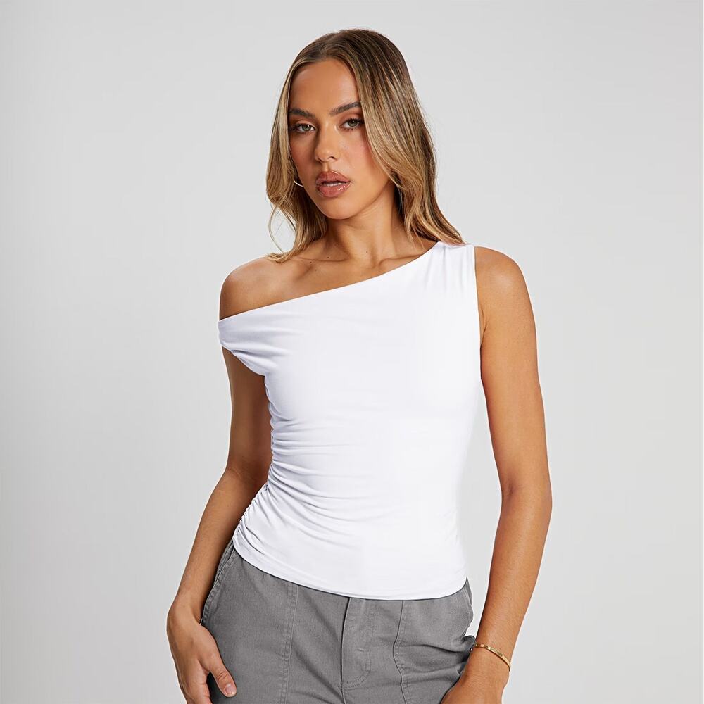 Commense Asymmetric One Shoulder Ruched Fitted Tank Top White Size L